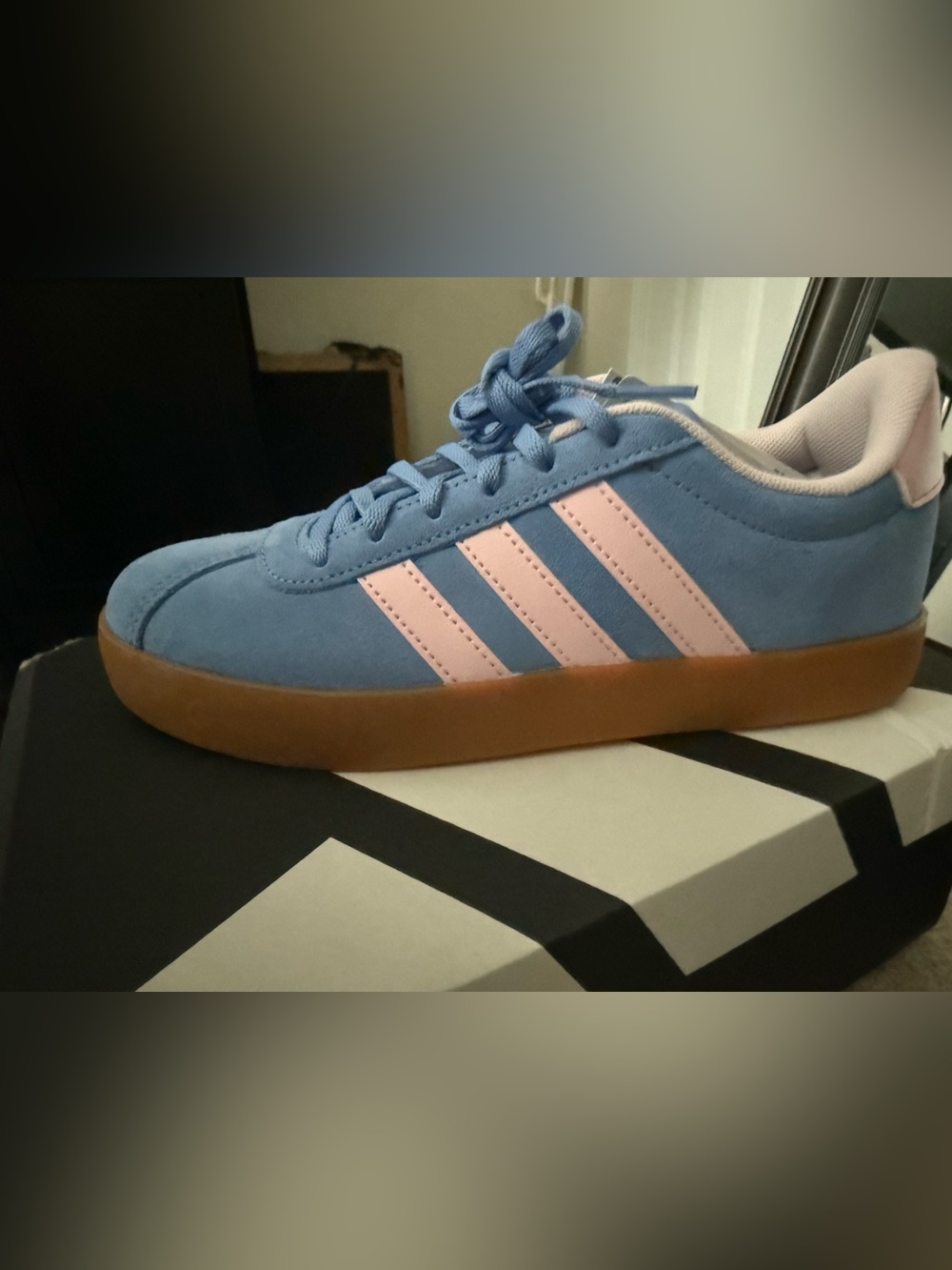 adidas Women Light Blue Suede Sneakers with Pink Stripes